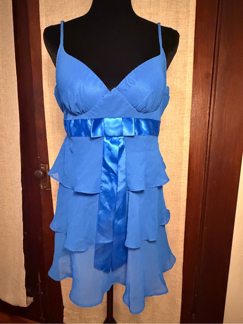 Blue Tiered Ruffled Babydoll Chemise Satin-Bow